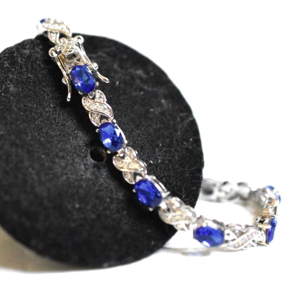 M NC 925 Sterling Silver Blue Created Sapphire/CZ Diamond Tennis 8" Bracelet